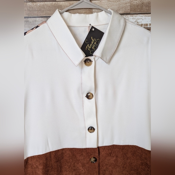 New Colorblock Corduroy Brown With White & Leopard Print Drop Shoulder Shacket - Picture 4 of 15